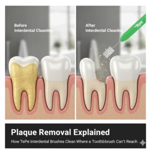 A before and after comparison showing how TePe interdental brushes remove yellow plaque and debris that a standard toothbrush cannot reach.