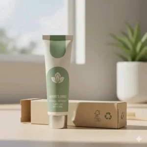 Eco-friendly dental care featuring a recyclable toothpaste tube and a glass jar of fluoride-free toothpaste tablets on a wooden surface.