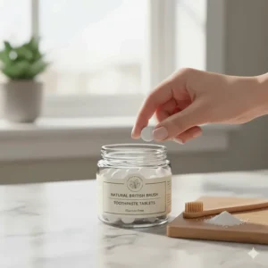 Sustainable glass jar of toothpaste tablets, a popular fluoride-free alternative for UK eco-conscious shoppers.
