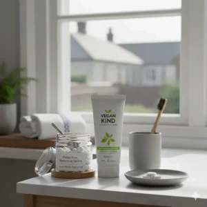Eco-friendly vegan toothpaste tablets served on a small ceramic dish in a minimalist bathroom setting to reduce plastic waste.