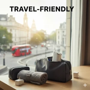 A compact portable water flosser packed inside a travel washbag, ideal for holidays and business trips.