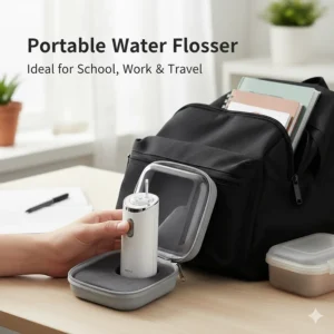 A compact, portable water flosser in a travel case, ideal for cleaning braces at school, work, or while travelling.