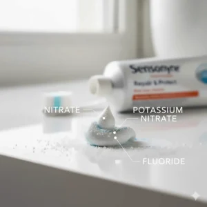 High-detail close-up of toothpaste ingredients including potassium nitrate and fluoride to strengthen enamel and reduce sensitivity.