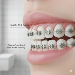 Illustration of healthy pink gums and plaque-free teeth resulting from regular water flossing during orthodontic treatment.