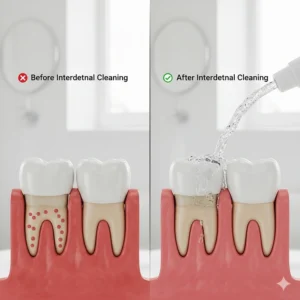 Comparison graphic showing how regular interdental cleaning prevents gingivitis and bleeding gums.