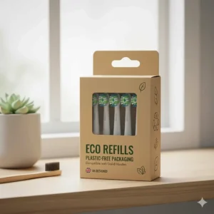 An illustration of eco-friendly packaging for affordable toothbrush heads available in the UK.