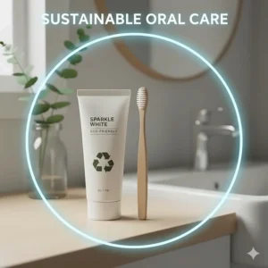 A recyclable toothpaste tube and bamboo toothbrush representing sustainable oral care in the UK.