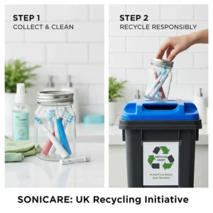 An illustration focused on the responsible disposal and recycling of used electric toothbrush heads through UK-based recycling schemes.