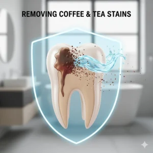 Graphic showing how whitening toothpaste breaks down surface stains from coffee and British tea.