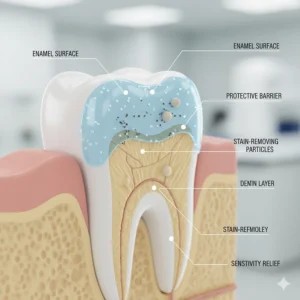 Illustration showing how toothpaste protects enamel while targeting stubborn caffeine stains.