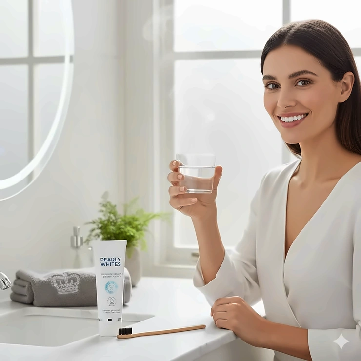 A person smiling confidently in a bright British bathroom while holding a glass of water and a tube of sensitive teeth whitening toothpaste. sensitive teeth whitening toothpaste