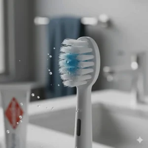 Detailed view of extra-soft, high-quality bristles on an electric toothbrush head designed for gentle cleaning.