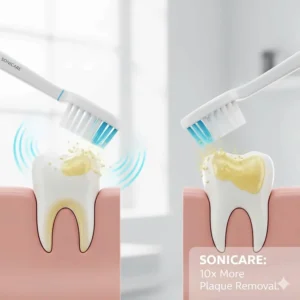 Close-up illustration of Sonicare brush heads designed for superior plaque removal compared to a manual toothbrush in a modern bathroom setting.