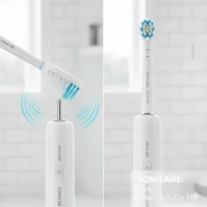 A clear demonstration of a genuine Sonicare brush head clicking onto a standard Philips electric toothbrush handle for a secure fit.