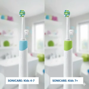 Small rubber-moulded Sonicare for Kids replacement brush heads designed to protect developing teeth and delicate gums.