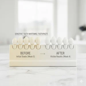 A morning dental care routine layout in a clean British bathroom showing a tube of toothpaste that specialises in sensitive teeth whitening.