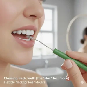 An illustration of the flex technique showing a green TePe interdental brush with a flexible neck reaching between the back molar teeth for a deep clean.