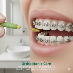 A close-up view of a TePe interdental brush being used to clean under orthodontic wires and around brackets for someone wearing dental braces.