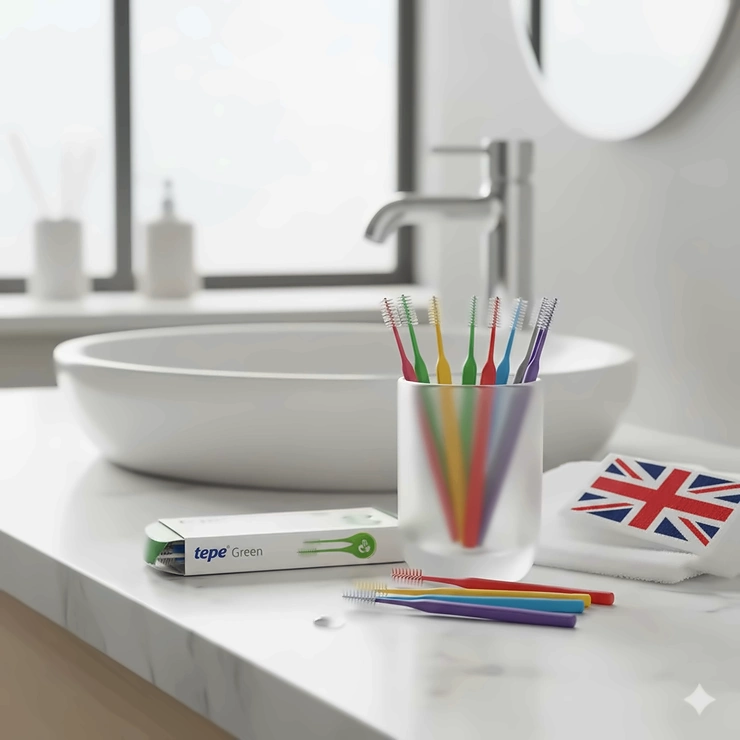 A full set of TePe interdental brushes in various sizes and colours arranged on a modern bathroom countertop, used for effective plaque removal between teeth. tepe interdental brushes