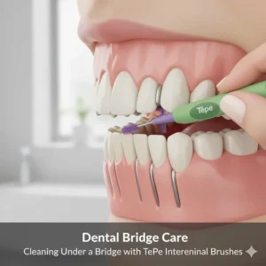 A supporting illustration showing the precise use of a TePe interdental brush to clean the hard-to-reach space underneath a dental bridge.