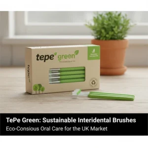 A lifestyle shot of TePe Green sustainable packaging, highlighting eco-conscious interdental brushes made from renewable raw materials for UK consumers.