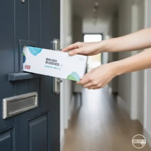 Illustration of a letterbox-friendly delivery of cheap Oral-B brush heads for a UK subscription service.