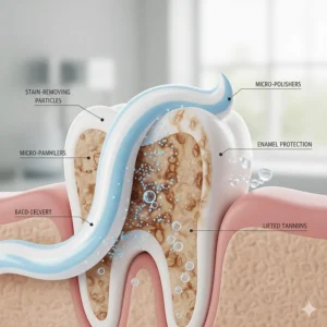 Graphic showing whitening toothpaste lifting surface stains from the tooth surface without damaging enamel.