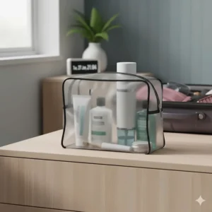 A slim, budget-friendly water flosser packed inside a travel wash bag for a holiday.