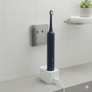 An electric toothbrush charger plugged into a standard UK two-pin bathroom shaver socket.