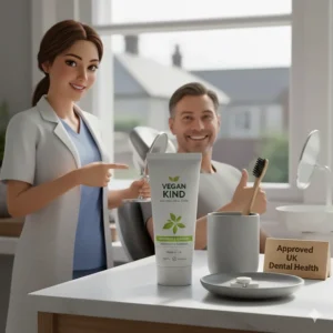 A complete vegan oral care kit including toothpaste and a bamboo brush, suitable for daily dental health routines in the UK.