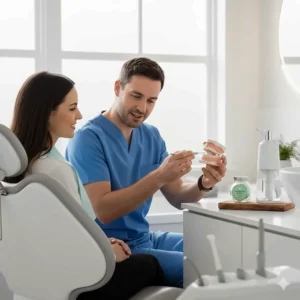 A UK dentist explaining the benefits of a water flosser vs dental floss during a routine dental check-up.