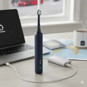 Close-up of a travel toothbrush charging via USB, ideal for British travellers using laptops or portable power banks.