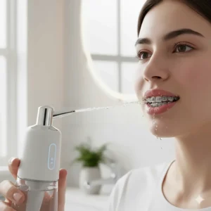 A person using a water flosser to clean around orthodontic braces, a more efficient alternative to manual flossing.