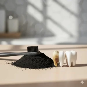 A tube of vegan-friendly natural toothpaste showing the cruelty-free leaping bunny logo, set against a stylish white hexagonal tiled wall.