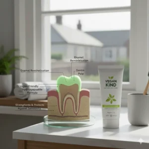 A professional studio shot of a vegan toothpaste tube in a clinical environment, representing tooth enamel repair and health.