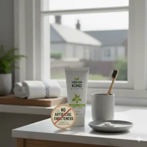 A minimalist lifestyle image of natural vegan toothpaste without artificial sweeteners or saccharin, perfect for health-conscious consumers.