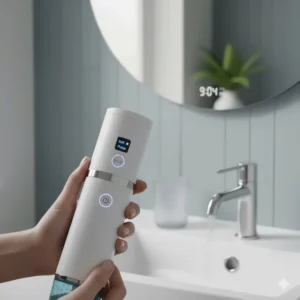 Detail shot of the power and mode buttons on a budget water flosser, highlighting the Soft and Pulse settings.