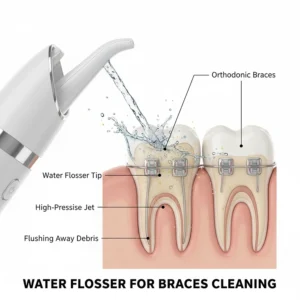 A close-up illustration of a water flosser precision tip cleaning effectively around metal orthodontic braces.
