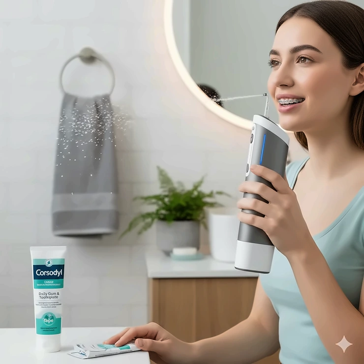 A person using a cordless water flosser to clean around metal braces and orthodontic wires for improved gum health. water flosser for braces