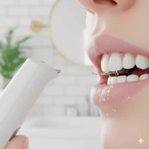 A gentle water flosser being used on sensitive gums, showing a softer alternative to traditional string floss.