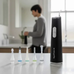 A set of different nozzle tips for a cordless water flosser, including orthodontic and plaque seekers.