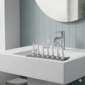 An array of interchangeable nozzle tips for a budget water flosser, including an orthodontic tip.