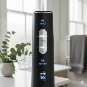 Diagram showing various pressure settings on a cordless water flosser for sensitive teeth.