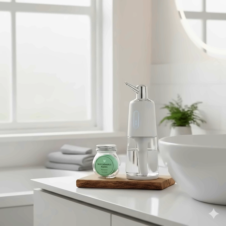 A side-by-side comparison of a modern electric water flosser and a container of traditional mint dental floss on a bathroom vanity. water flosser vs dental floss