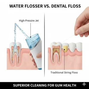 A side-by-side comparison illustration showing the cleaning efficiency of a water flosser versus traditional dental floss.