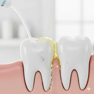 Diagram showing a water flosser removing plaque and food debris from hard-to-reach gaps between molars.