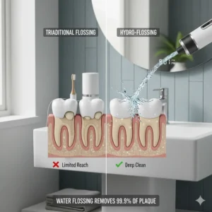 An illustration showing a water flosser removing plaque between teeth more effectively than traditional string floss.