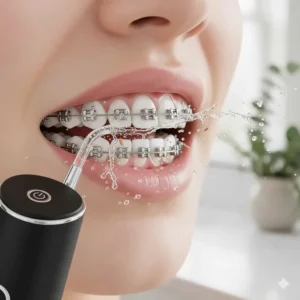 Illustration showing how a cordless water flosser cleans effectively around dental braces.