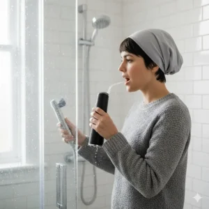 An IPX7 waterproof cordless water flosser being used safely in a shower.
