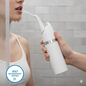 A graphic showcasing the waterproof IPX7 rating of a water flosser being used safely in a shower environment.